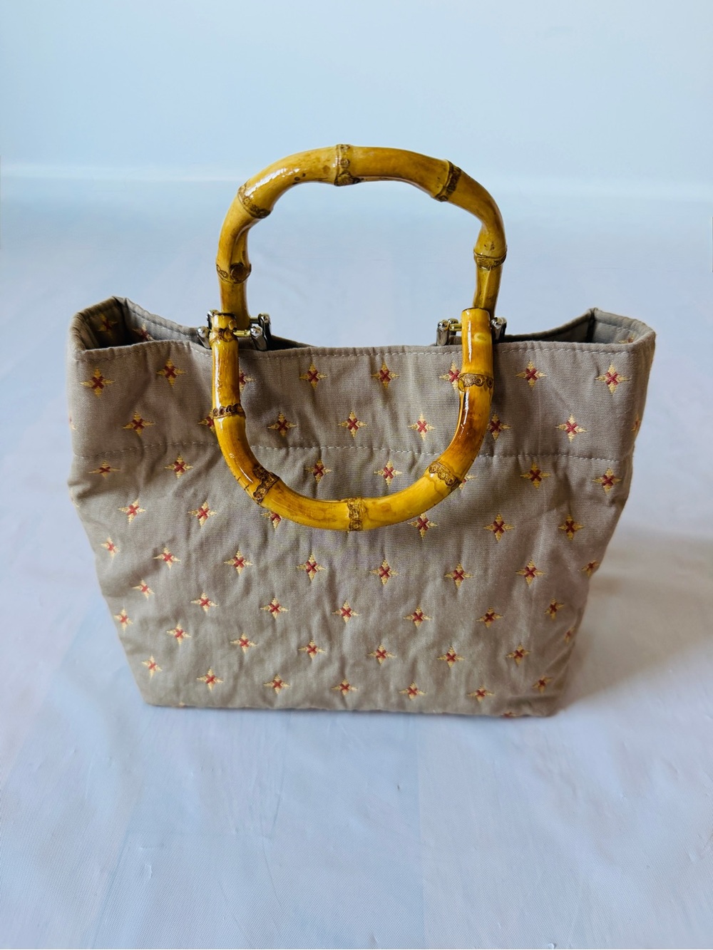 Vintage FRED Bamboo Handle Embroidered Starburst Handbag Tan 90s y2k retro